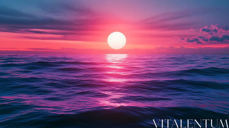 Digital seascape renders stylized sunset over low ocean waves