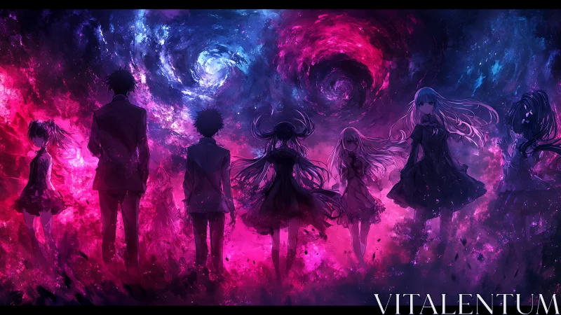 Starlit students drift between twin cosmic vortex gateways.