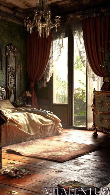 Sunlit baroque-style bedroom interior with open window.