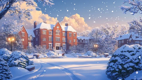 Red brick academic building in snow covered campus quad.