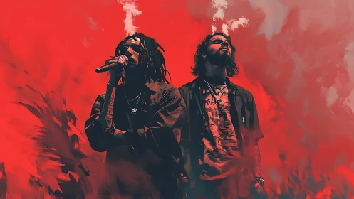 Digital painting of dual performers in red atmospheric haze.