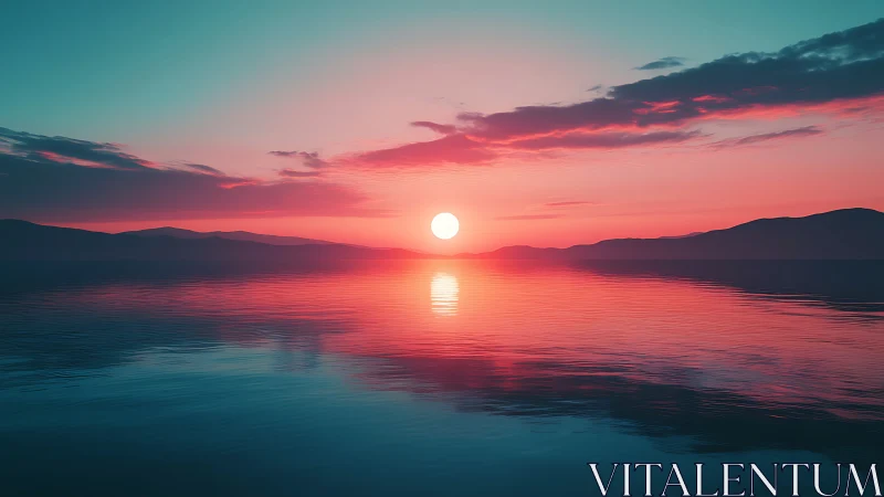 Sunset over calm water with distant silhouetted hills.
