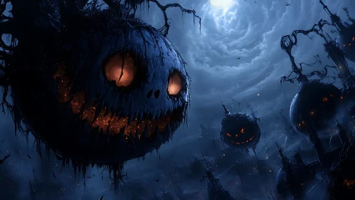 Floating jack-o-lantern spheres over dark nocturnal cityscape.