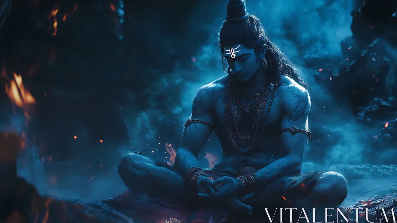 Meditative blue-lit deity seated in smoky cavern calm.