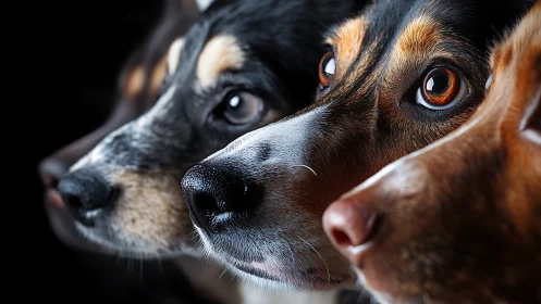 Dog profiles aligned in dramatic side-light portrait.