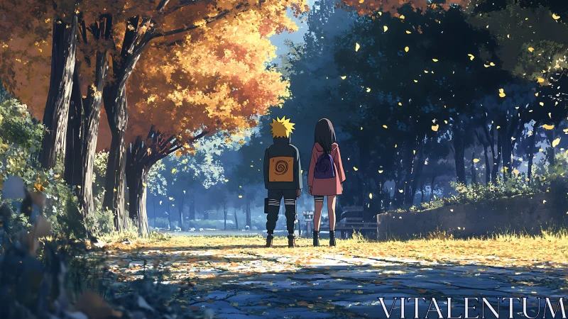Autumn tree‑lined avenue with anime couple walking away together