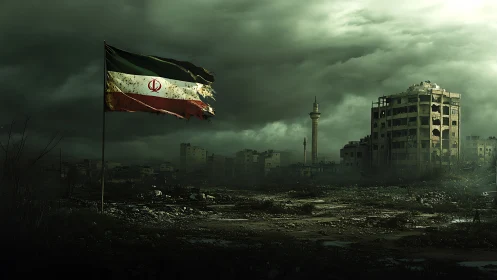 Torn flag haunts a storm-darkened, war-scarred cityscape.