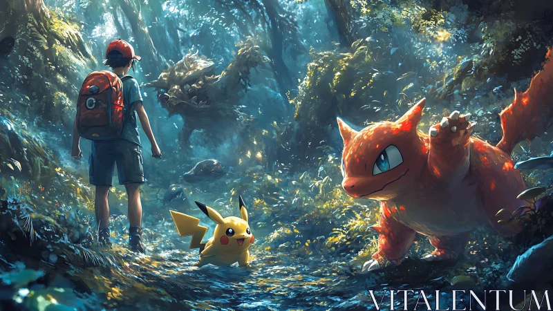Pokemon trainer confronts fiery creature in luminous forest