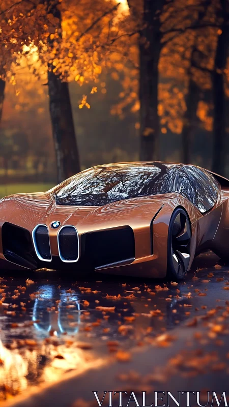 Copper BMW concept car sits on wet autumn road with leaves
