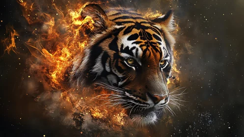 Tiger portrait emerges through dynamic fire and particulate haze