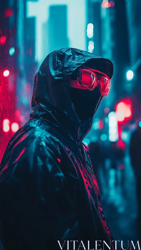 Cyberpunk hooded operative in neon rain, portrait format.