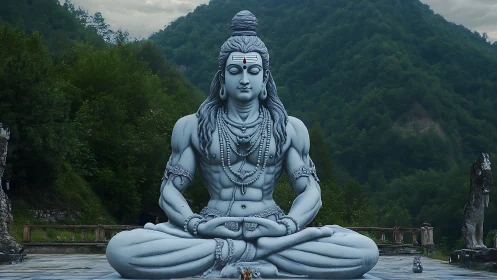 Monumental Shiva statue in meditative asana amid forested hills