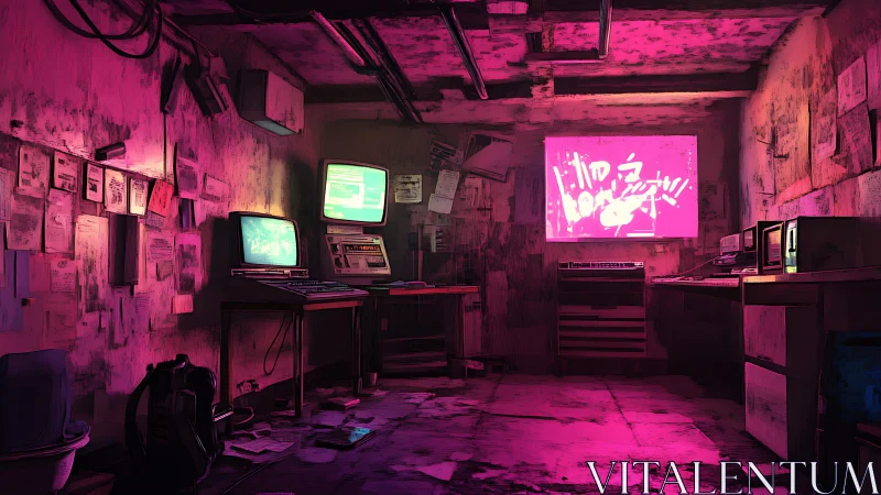Retro hacker den glows with neon-lit underground tech fumes.