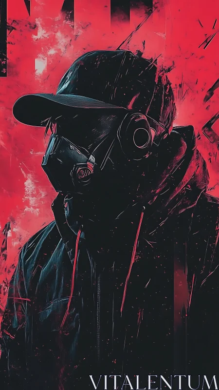 Hooded figure in respirator mask against red abstract field.