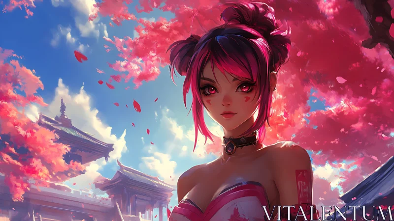 Pink haired anime heroine under dreamy cherry blossoms.