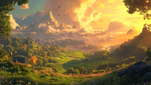 Golden fantasy valley unfolds beneath towering sunlit peaks.