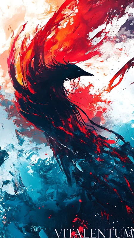 Fiery phoenix silhouette rises through abstract ocean storm