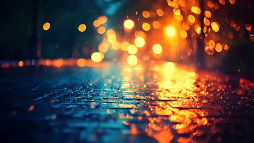 City lights dance on a rainy street of quiet sparks.