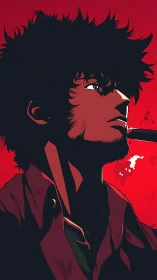 Angular cel-shaded profile of solitary smoker in crimson field.