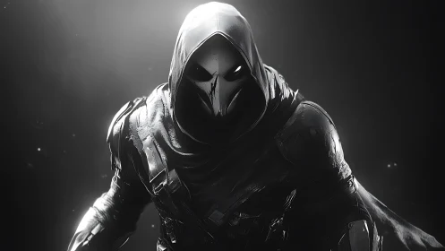 Midnight raven assassin emerging from the grayscale void.