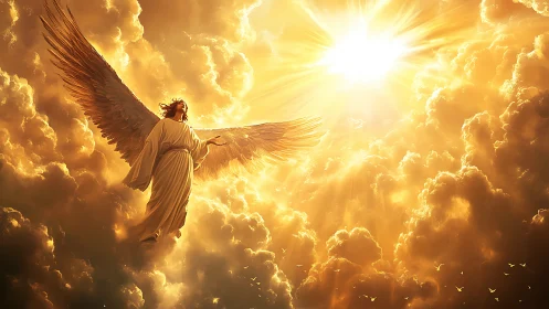 Winged angelic figure ascends through golden illuminated clouds