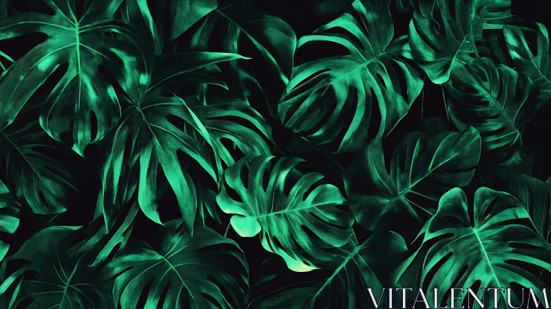 Emerald jungle canopy of glowing monstera leaves at dusk.