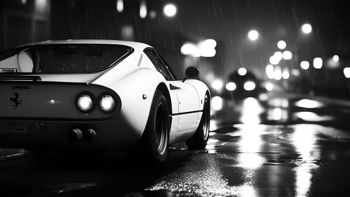 Rear view of classic sports car on wet city street at night.