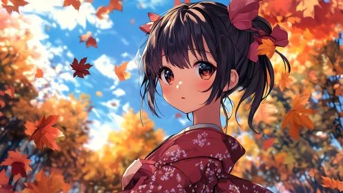 Autumn-lit anime girl in kimono framed by dynamic falling maple leaves