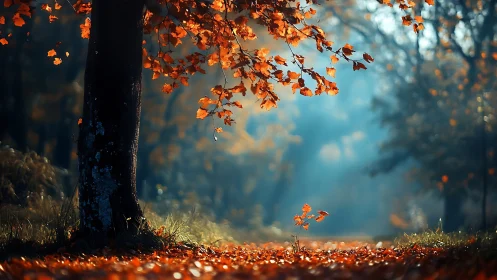 Autumn Forest Luminosity: Translucent Maple Canopy with Volumetric Light.