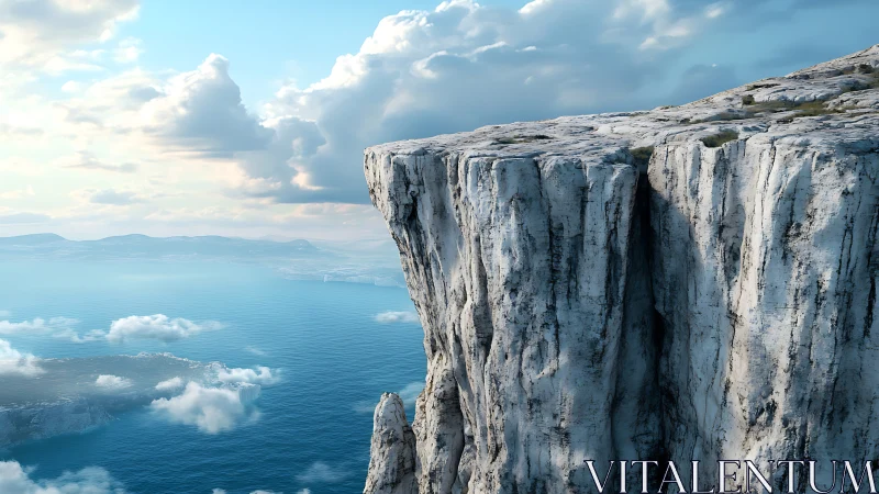 Vertical limestone sea cliff overlooks calm coastal water