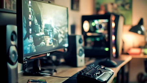 Modern gaming desktop setup with monitor and speakers.