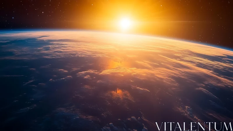 Sunrise over Earth from low orbit with illuminated clouds.