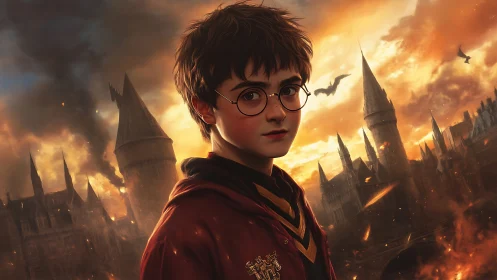 Young wizard stands brave against a fiery twilight sky.