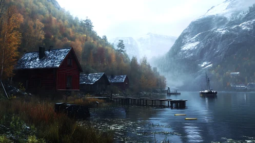 Mountain lake cabins rest beneath misty, snowcapped cliffs.