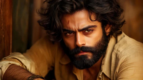 Bearded man with intense gaze leans forward in warm light