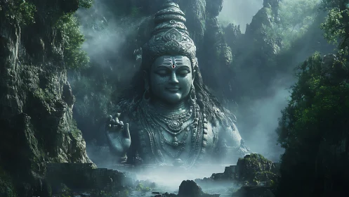 Majestic stone deity rests calmly within misty jungle cliffs