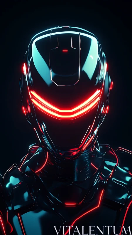 Futuristic black combat robot with red neon visor lighting.