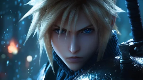 Cinematic blue-lit warrior portrait with hyperreal shaders.