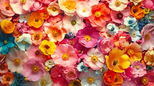 Densely Layered Floral Arrangement Dominates Frame With Saturated Chromatic Spectrum