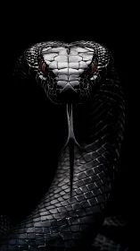 Close frontal view of black snake head on dark background.