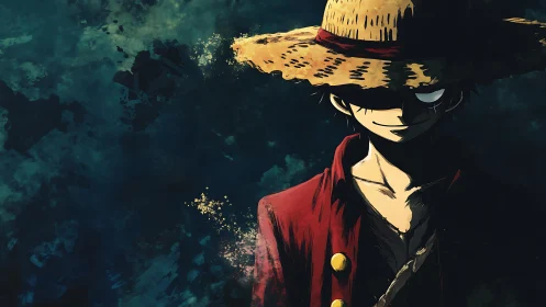 Straw-hatted anime figure emerges from deep textured shadows