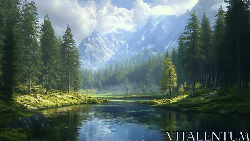 Sunlit mountain lake rests quietly among evergreen forest