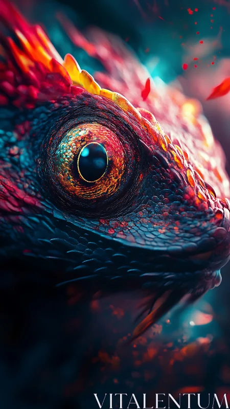 Macro dragon eye study in neon cyan and ember red lighting.