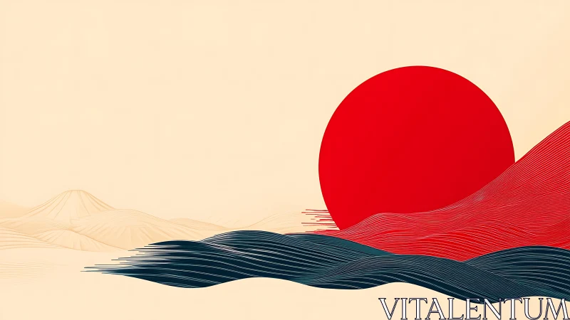 Minimalist landscape shows red sun over layered linear waves