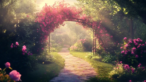 Sunlit rose arbor frames a curving garden path in bloom