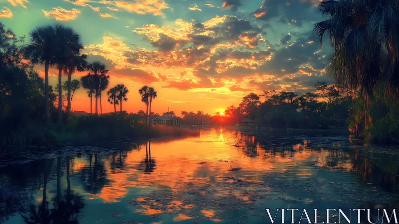 Digital painting sunset over tropical lagoon with reflective symmetry.