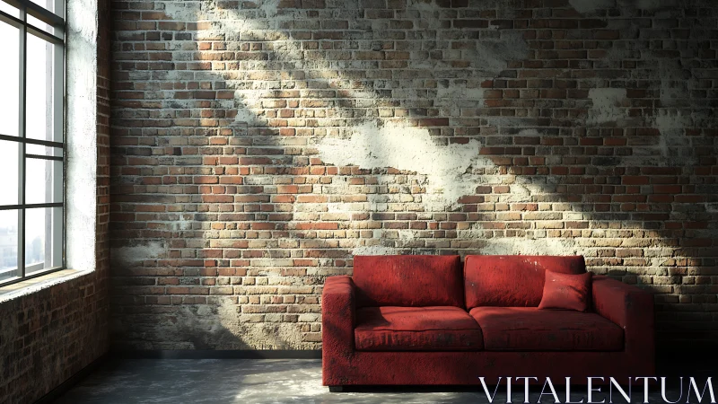 Red fabric sofa against sunlit exposed interior brick wall