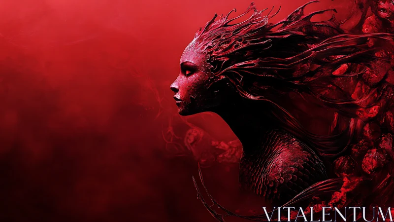 Crimson biomechanical siren rendered with organic scales and tendrils
