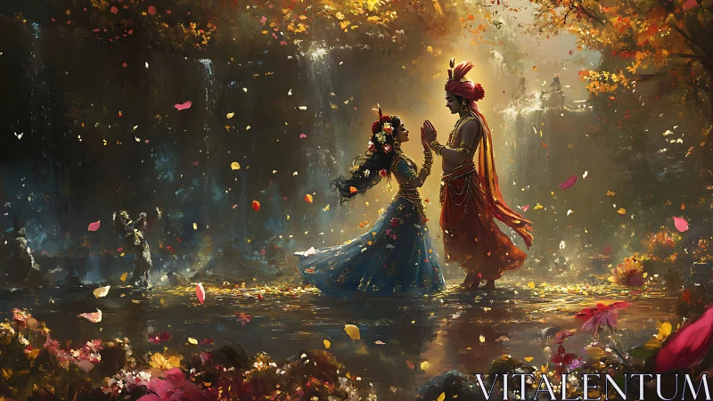 Mythic couple illuminated in a waterfall grove with drifting petals