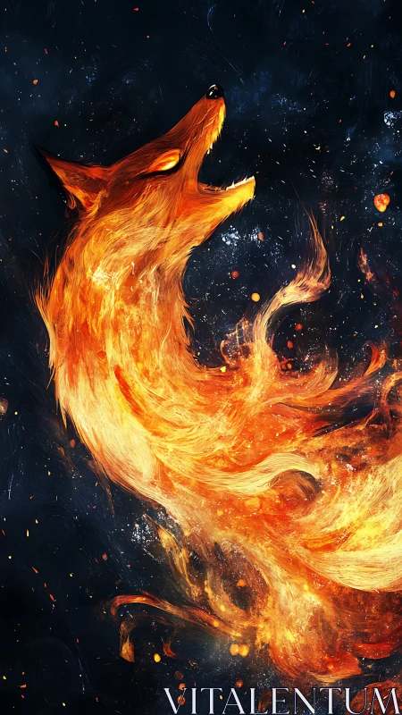 Fiery fox spirit swirling through cosmic night sky.